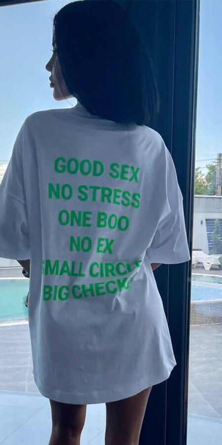 Slogan-Print T-Shirt Dress Green Color Neon Writing (No_Stress_G)
