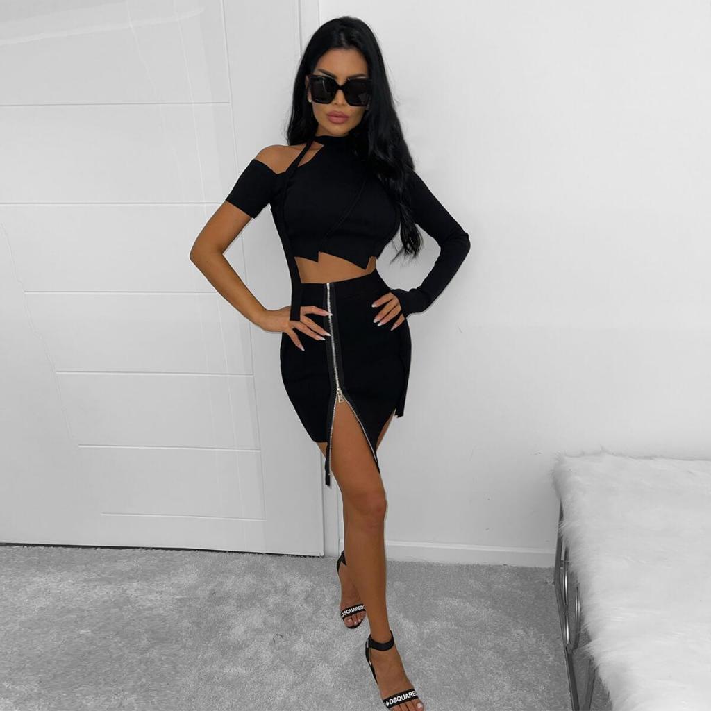 Asymmetric Blouse & ribbed-knit zipped skirt (Jennyfer) Black