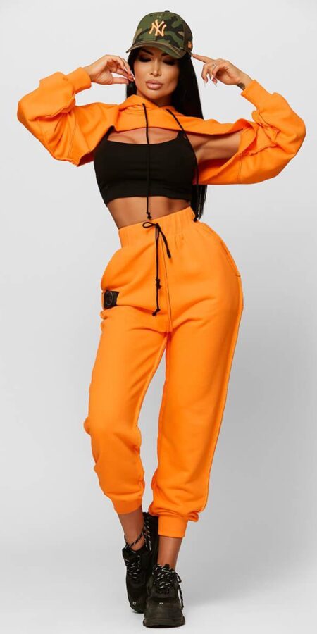 Three-Piece Cropped Sweetshirt Black Top & Logo Track Trousers (MILLIONS)
