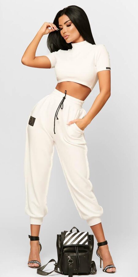 Two-Piece Cropped Logo White Top & Track Trousers (PEARL)